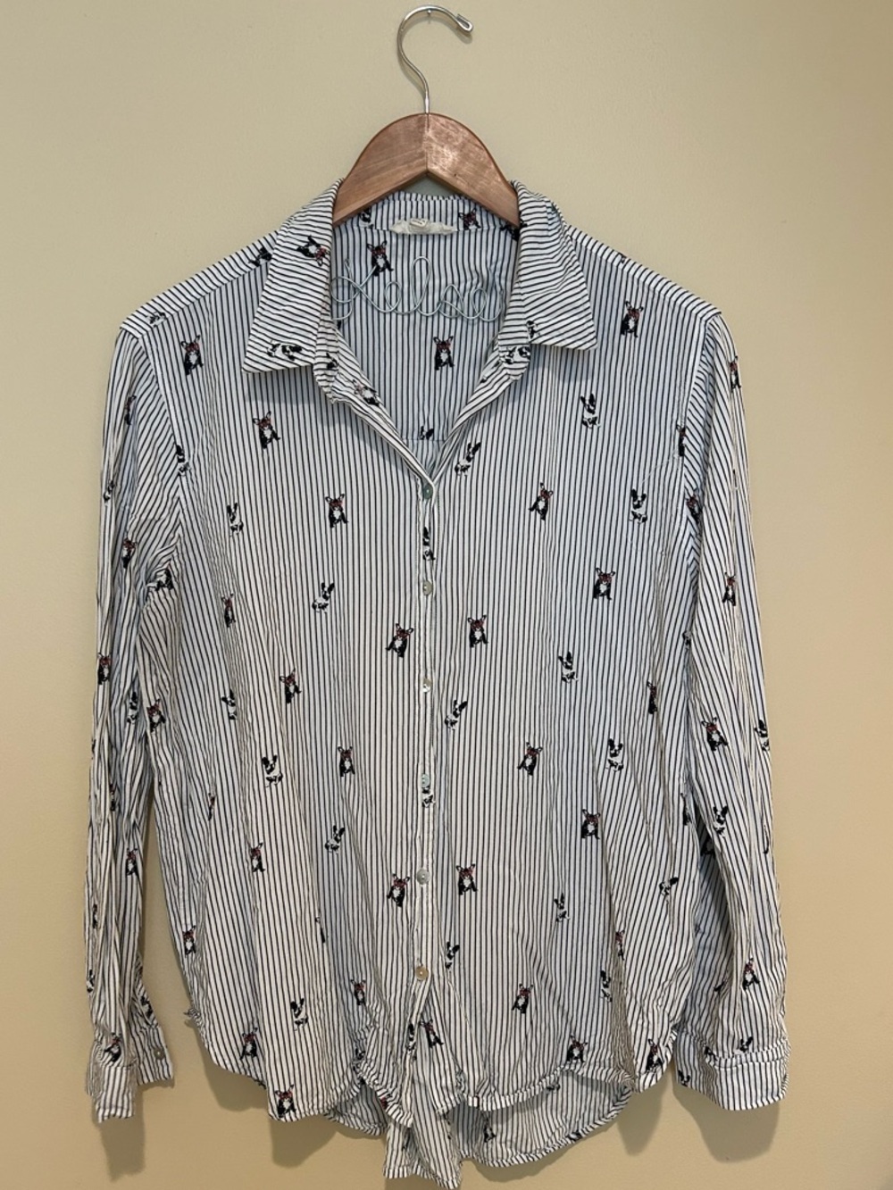 Jane and Delancey Navy and White Striped Shirt with French Bulldogs Size XL